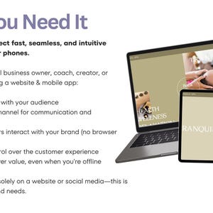 Puede incluir: Un gr&aacute;fico de marketing digital con un port&aacute;til, una tableta y un tel&eacute;fono inteligente que muestran un sitio web de spa. El texto dice: Why You Need It, Your customers expect fast, seamless, and intuitive experiences on their phones. Whether you're a small business owner, coach, creator, or startup founder, having a website & mobile app: Builds instant trust with your audience, Creates a direct channel for communication and engagement, Simplifies how users interact with your brand, Gives you full control over the customer experience, Works 24/7 to deliver value.