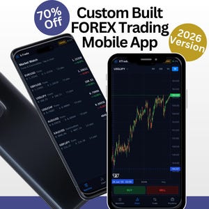 May include: Two black smartphones displaying a custom built FOREX trading mobile app. One screen shows a market watch list with currency pairs, while the other displays a live trading chart with buy and sell buttons. Text includes 70% Off and 2026 Version.