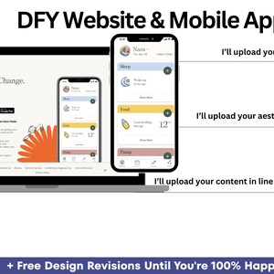 Puede incluir: Un ordenador port&aacute;til y un smartphone muestran una interfaz de sitio web y aplicaci&oacute;n m&oacute;vil titulada DFY Website & Mobile App. Las pantallas muestran categor&iacute;as de seguimiento como Sleep, Food y Pump con iconos. El texto incluye I'll upload your logo & brand colours, I'll upload your aesthetic images y I'll upload your content in line with your branding.