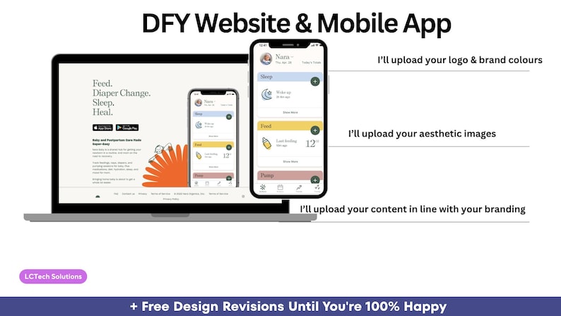 Puede incluir: Un ordenador port&aacute;til y un smartphone muestran una interfaz de sitio web y aplicaci&oacute;n m&oacute;vil titulada DFY Website & Mobile App. Las pantallas muestran categor&iacute;as de seguimiento como Sleep, Food y Pump con iconos. El texto incluye I'll upload your logo & brand colours, I'll upload your aesthetic images y I'll upload your content in line with your branding.