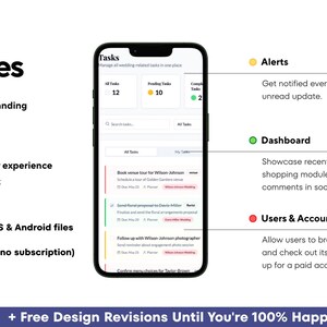 May include: A smartphone displays an app interface with features like custom design, messaging, and social sharing. The app includes alerts, a dashboard, and user accounts. Text on the screen reads "Tasks" and "Features."