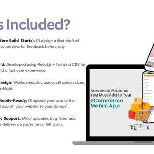 Puede incluir: Una pantalla digital que muestra un servicio de aplicaci&oacute;n m&oacute;vil de comercio electr&oacute;nico. El texto dice What is Included y Advanced Features You Must Add to Your eCommerce Mobile App. Un port&aacute;til y dos tel&eacute;fonos muestran interfaces.