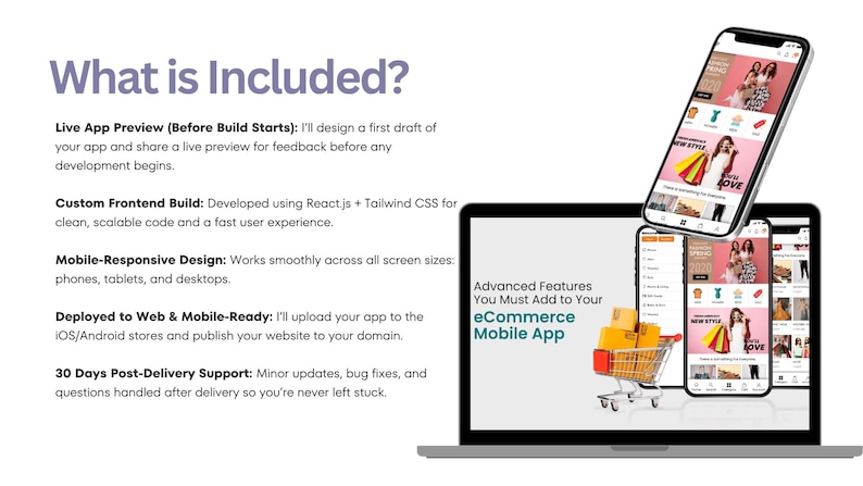Puede incluir: Una pantalla digital que muestra un servicio de aplicaci&oacute;n m&oacute;vil de comercio electr&oacute;nico. El texto dice What is Included y Advanced Features You Must Add to Your eCommerce Mobile App. Un port&aacute;til y dos tel&eacute;fonos muestran interfaces.