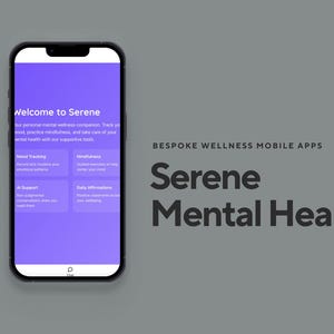Puede incluir: Un smartphone muestra la interfaz de la aplicaci&oacute;n "Serene Mental Health". La pantalla presenta una interfaz p&uacute;rpura con opciones para el seguimiento del estado de &aacute;nimo, la atenci&oacute;n plena y las afirmaciones diarias. La aplicaci&oacute;n es un compa&ntilde;ero de bienestar personal.