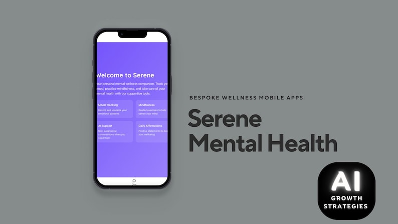 Puede incluir: Un smartphone muestra la interfaz de la aplicaci&oacute;n "Serene Mental Health". La pantalla presenta una interfaz p&uacute;rpura con opciones para el seguimiento del estado de &aacute;nimo, la atenci&oacute;n plena y las afirmaciones diarias. La aplicaci&oacute;n es un compa&ntilde;ero de bienestar personal.