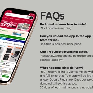 Puede incluir: Un smartphone que muestra una interfaz de comercio electr&oacute;nico con un encabezado rojo y listados de productos. A la derecha, el texto FAQs va seguido de preguntas y respuestas sobre codificaci&oacute;n, subidas a la App Store y soporte t&eacute;cnico.