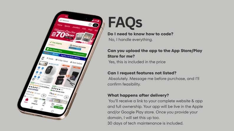 Puede incluir: Un smartphone que muestra una interfaz de comercio electr&oacute;nico con un encabezado rojo y listados de productos. A la derecha, el texto FAQs va seguido de preguntas y respuestas sobre codificaci&oacute;n, subidas a la App Store y soporte t&eacute;cnico.