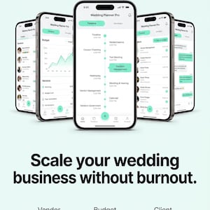 Puede incluir: Cinco teléfonos inteligentes muestran la interfaz de la aplicación Wedding Planner Pro, con herramientas para cronogramas, seguimiento de presupuesto, gestión de proveedores y comunicación con clientes. El texto LCTech Solutions | Custom Apps for Wedding Pros y Scale your wedding business without burnout aparece junto a iconos de gestión de proveedores, seguimiento de presupuesto, comunicación con clientes, cronogramas, automatización de tareas y calendario.