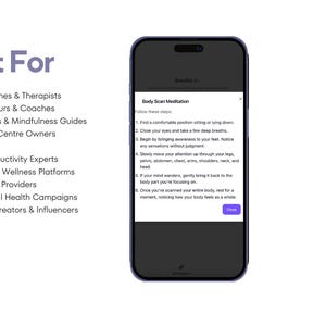 Puede incluir: Un tel&eacute;fono inteligente muestra una gu&iacute;a de "Meditaci&oacute;n de escaneo corporal" con pasos numerados. La pantalla est&aacute; enmarcada por una funda negra. El texto "Perfect For" est&aacute; encima de una lista de profesionales relacionados con el bienestar. Un logotipo de "AI Growth Strategies" est&aacute; en la parte inferior derecha.