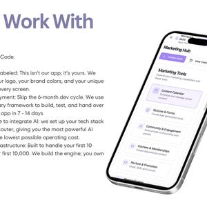 Puede incluir: Un tel&eacute;fono inteligente que muestra una interfaz de Marketing Hub con una lista de herramientas que incluye Content Calendar, Quizzes & Forms, Community & Engagement, Courses & Memberships y Nurture & Promotion. El texto Why Work With Us? es visible.