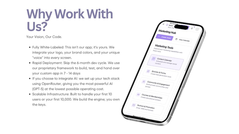 Puede incluir: Un tel&eacute;fono inteligente que muestra una interfaz de Marketing Hub con una lista de herramientas que incluye Content Calendar, Quizzes & Forms, Community & Engagement, Courses & Memberships y Nurture & Promotion. El texto Why Work With Us? es visible.
