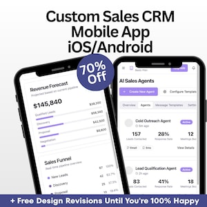 May include: Two smartphones displaying a custom sales CRM mobile app interface. The app features revenue forecasts, sales funnels, and AI sales agent tools. The image includes the text "Custom Sales CRM Mobile App iOS/Android" and a "70% Off" badge.