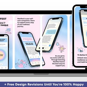 Puede incluir: Una pantalla de port&aacute;til que muestra la interfaz de una aplicaci&oacute;n m&oacute;vil con un fondo degradado en azul y rosa suave. La aplicaci&oacute;n, titulada Manifest, incluye texto, herramientas de seguimiento de h&aacute;bitos e ilustraciones de una flor y una abeja.