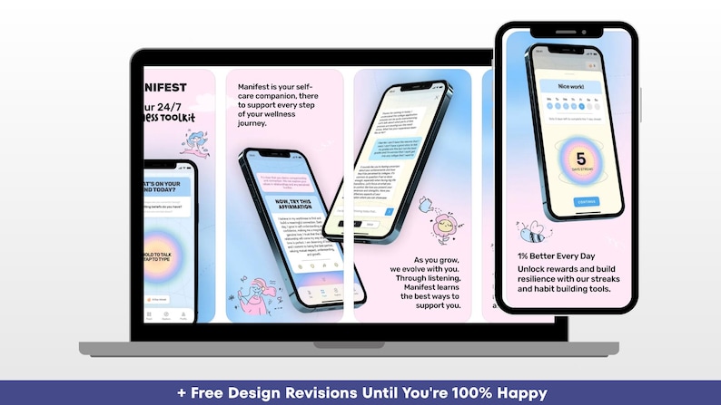 Puede incluir: Una pantalla de port&aacute;til que muestra la interfaz de una aplicaci&oacute;n m&oacute;vil con un fondo degradado en azul y rosa suave. La aplicaci&oacute;n, titulada Manifest, incluye texto, herramientas de seguimiento de h&aacute;bitos e ilustraciones de una flor y una abeja.