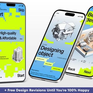 Puede incluir: Tres tel&eacute;fonos inteligentes que muestran interfaces de aplicaciones con esquemas de color verde lima brillante y blanco. Las pantallas muestran contenido de dise&ntilde;o arquitect&oacute;nico, incluyendo texto como Art, Skip, High-quality & Affordable, Designing object y Bedroom design.