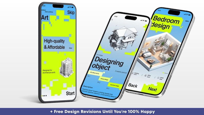 Puede incluir: Tres tel&eacute;fonos inteligentes que muestran interfaces de aplicaciones con esquemas de color verde lima brillante y blanco. Las pantallas muestran contenido de dise&ntilde;o arquitect&oacute;nico, incluyendo texto como Art, Skip, High-quality & Affordable, Designing object y Bedroom design.