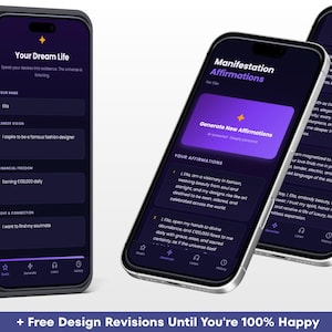 Puede incluir: Tres tel&eacute;fonos inteligentes que muestran una interfaz de aplicaci&oacute;n m&oacute;vil con tema oscuro y detalles en violeta. Las pantallas presentan campos de texto para Your Dream Life, career vision, financial freedom, love and connection y un bot&oacute;n Generate New Affirmations.