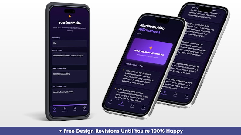 Puede incluir: Tres tel&eacute;fonos inteligentes que muestran una interfaz de aplicaci&oacute;n m&oacute;vil con tema oscuro y detalles en violeta. Las pantallas presentan campos de texto para Your Dream Life, career vision, financial freedom, love and connection y un bot&oacute;n Generate New Affirmations.