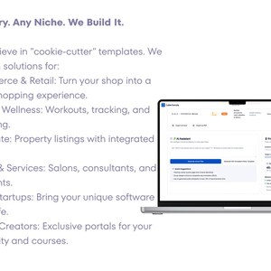 Puede incluir: Un port&aacute;til y un smartphone muestran una interfaz de software con el texto: Any Industry. Any Niche. We Build It. We don't believe in cookie-cutter templates. We build custom solutions for E-Commerce, Fitness, Real Estate, Booking, SaaS, and Creators.