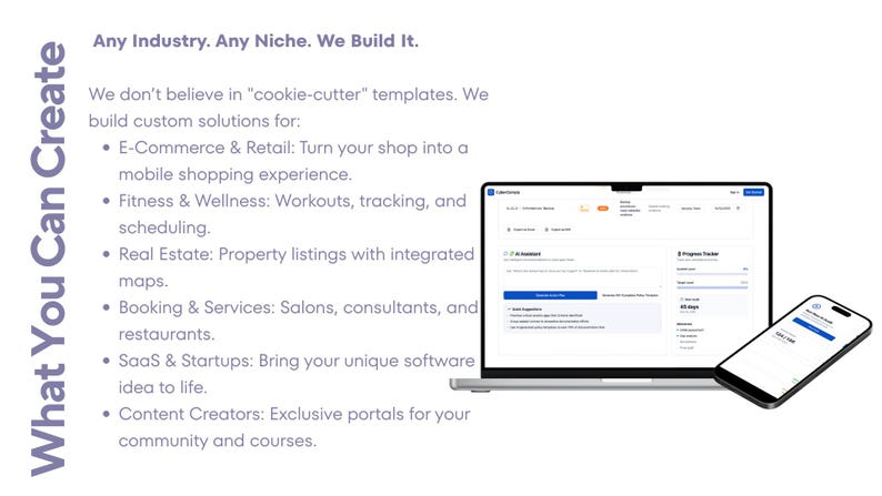 Puede incluir: Un port&aacute;til y un smartphone muestran una interfaz de software con el texto: Any Industry. Any Niche. We Build It. We don't believe in cookie-cutter templates. We build custom solutions for E-Commerce, Fitness, Real Estate, Booking, SaaS, and Creators.