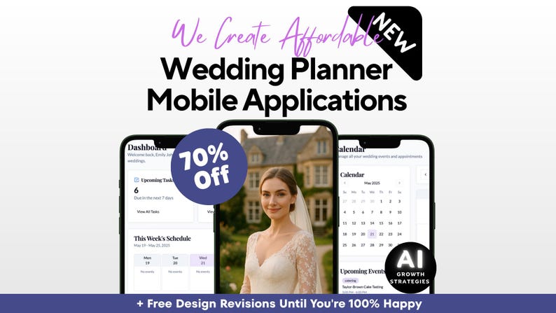 May include: Image promoting wedding planner mobile applications. The image features three smartphones displaying app interfaces, including a calendar and a dashboard. A woman in a wedding dress is visible on one screen. Text includes "We Create Affordable Wedding Planner Mobile Applications."