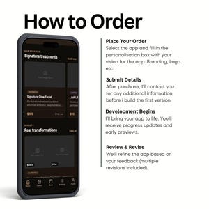 Puede incluir: Un tel&eacute;fono inteligente que muestra una interfaz de aplicaci&oacute;n m&oacute;vil con tema oscuro junto a una gu&iacute;a How to Order. El texto describe cuatro pasos: Place Your Order, Submit Details, Development Begins y Review & Revise, detallando el proceso.
