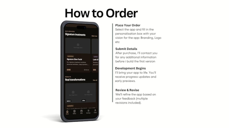 Puede incluir: Un tel&eacute;fono inteligente que muestra una interfaz de aplicaci&oacute;n m&oacute;vil con tema oscuro junto a una gu&iacute;a How to Order. El texto describe cuatro pasos: Place Your Order, Submit Details, Development Begins y Review & Revise, detallando el proceso.