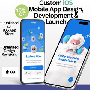 May include: Two smartphones displaying mobile app interfaces with blue backgrounds. The left screen shows a travel app with a 'Get Started' button. The right screen features a cartoon character sleeping with the text 'Cozy Capsule Experience'.