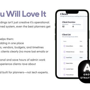 May include: A smartphone displays a wedding planner app interface, showcasing client management features. Text on the screen includes client overviews and lists. The image also features the text "Why You Will Love It" and "AI Growth Strategies".
