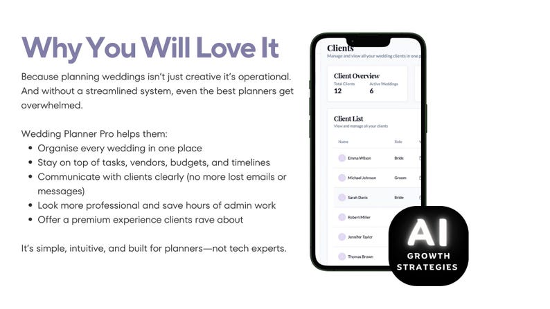 May include: A smartphone displays a wedding planner app interface, showcasing client management features. Text on the screen includes client overviews and lists. The image also features the text "Why You Will Love It" and "AI Growth Strategies".