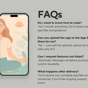 Puede incluir: Un smartphone muestra una ilustraci&oacute;n serena de una persona meditando, con una flor de loto y un gr&aacute;fico de cerebro. La pantalla est&aacute; sobre un fondo gris con el texto "FAQs" y respuestas sobre el desarrollo de aplicaciones.