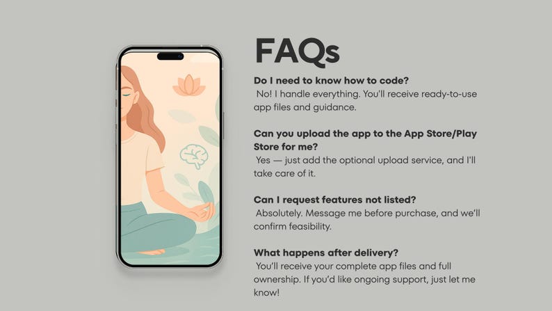 Puede incluir: Un smartphone muestra una ilustraci&oacute;n serena de una persona meditando, con una flor de loto y un gr&aacute;fico de cerebro. La pantalla est&aacute; sobre un fondo gris con el texto "FAQs" y respuestas sobre el desarrollo de aplicaciones.