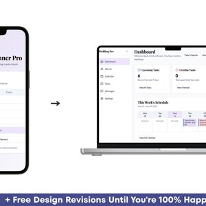 May include: A smartphone and laptop display the "Wedding Planner Pro" interface. The phone shows a sign-in screen, while the laptop displays a dashboard with upcoming tasks and a weekly schedule. The interface is in shades of white and purple.
