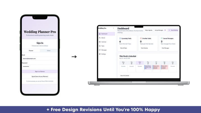 May include: A smartphone and laptop display the "Wedding Planner Pro" interface. The phone shows a sign-in screen, while the laptop displays a dashboard with upcoming tasks and a weekly schedule. The interface is in shades of white and purple.