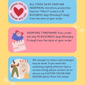 Pode incluir: Um gr&aacute;fico colorido com texto que fornece informa&ccedil;&otilde;es importantes sobre itens feitos &agrave; m&atilde;o. O texto inclui detalhes sobre o tempo de produ&ccedil;&atilde;o, envio, pedidos personalizados e op&ccedil;&otilde;es de design. O design inclui cora&ccedil;&otilde;es, flores e um &iacute;cone de carrinho.