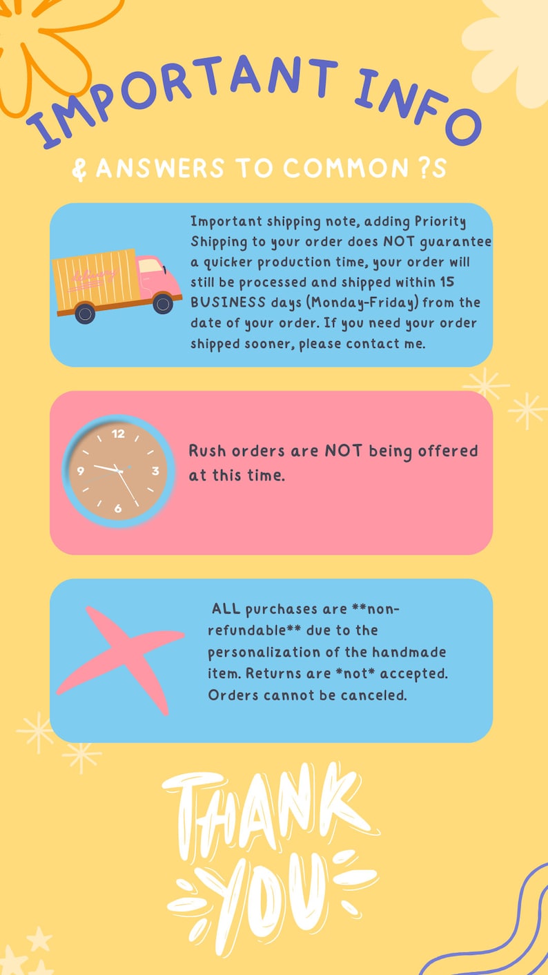 May include: A yellow graphic with text that reads "IMPORTANT INFO & ANSWERS TO COMMON ?S". The text includes shipping information, a note about rush orders, and a refund policy. The graphic also includes a pink truck illustration and a clock.