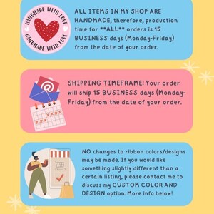 May include: A pink and blue graphic with the text "IMPORTANT INFO & ANSWERS TO COMMON ?S". The graphic includes three sections with information about handmade items, shipping timeframes, and custom orders. The graphic also includes illustrations of a heart, an envelope, a calendar, a person shopping online, and a heart with the text "FOR YOU".