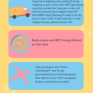 May include: A yellow background with a blue, pink, and white graphic design. The text "IMPORTANT INFO & ANSWERS TO COMMON ?S" is at the top of the image. The text "Important shipping note, adding Priority Shipping to your order does NOT guarantee a quicker production time, your order will still be processed and shipped within 15 BUSINESS days (Monday-Friday) from the date of your order. If you need your order shipped sooner, please contact me." is in a blue box. The text "Rush orders are NOT being offered at this time." is in a pink box. The text "ALL purchases are **non-refundable** due to the personalisation of the handmade item. Returns are *not* accepted. Orders cannot be cancelled." is in a blue box. The text "THANK YOU" is at the bottom of the image.