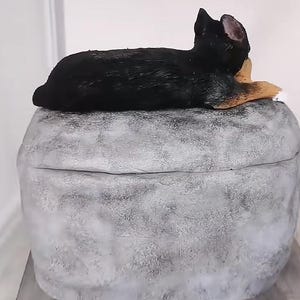 May include: A decorative, grey, stone-like box with a black and tan dog figurine resting on top. The dog is lying down, with its head and ears visible. The box has a rounded shape and a textured surface.