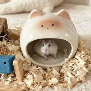 Op de afbeelding: Een wit keramisch hamsterhuisje in de vorm van een kattenkop, met roze accenten en een knipogend gezicht. Een kleine witte hamster zit binnenin, omringd door houtkrullen. Een blauwe kubus en een houten blok staan op de voorgrond.