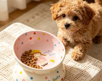 Polka Dot Tilted Ceramic Cat Bowl, Neck-Friendly Non-Spill Easy Clean Pet Feeding Dish
