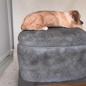 May include: A grey pet urn, resembling a stone, with a sleeping dog figurine. The dog is light brown with white patches. The urn has a textured surface and a lid. The design is simple and elegant, suitable for pet owners.