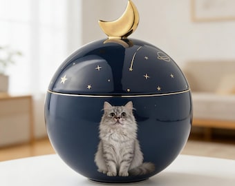 Custom Starry Pet Urn with Name, Celestial Urn for Cat Ashes, Ceramic Pet Memorial Keepsake, Gloss Moon Lid Pet Cremation Urn, Pet Loss