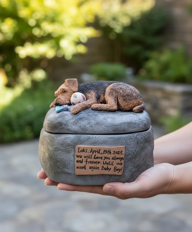 May include: A pet memorial urn featuring a sleeping dog figurine. The dog is brown and black, atop a gray stone-effect urn. A small ball and a blue toy are beside the dog. The urn has a plaque with text.