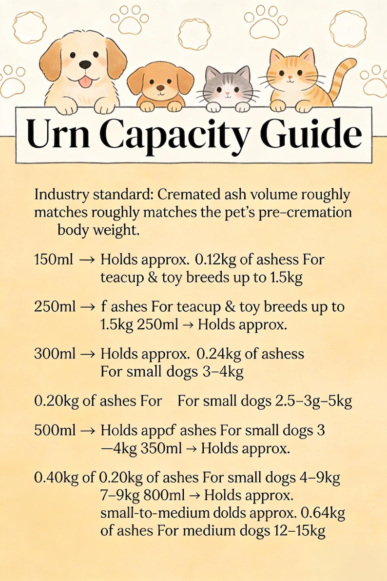 May include: An urn capacity guide featuring cartoon dogs and cats. The guide details ash volume in ml and weight in kg, suitable for various pet sizes. Includes information for teacup breeds, small dogs, and medium dogs.