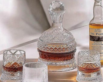 Crystal Wine Decanter with Rotating Base & Glass Lid