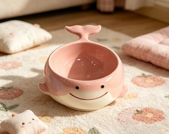 Cute Whale Cat Bowl, Ceramic Elevated Feeder Blue Pink, Spill Proof Tilted Kitten Food Water Dish