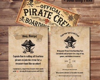 Pirate Birthday Invitation (5x7 inches) & Boarding Pass (7x3.5 inches) | Treasure Hunt Party Invite | Printable Pirate Party Decor