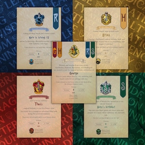 May include: Four Harry Potter themed birthday party invitations. Each invitation features a different Hogwarts house crest: Gryffindor, Ravenclaw, Hufflepuff, and Slytherin. The invitations are printed on a parchment-like background with a vintage aesthetic. Each invitation includes the birthday person's name, age, date, time, and location of the party.