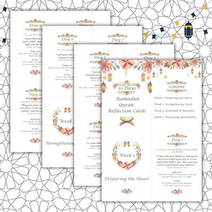 Op de afbeelding: Een set van 30 printbare Ramadan-Koran-reflectiecards met bloemmotieven. De kaarten zijn verdeeld in vijf weken, elk met een ander thema: Het hart voorbereiden, het geloof versterken, dankbaarheid en vernieuwing, de spiritualiteit verdiepen en een bonusweek. Elke kaart bevat een citaat uit de Koran, een reflectievraag en een actiestap.